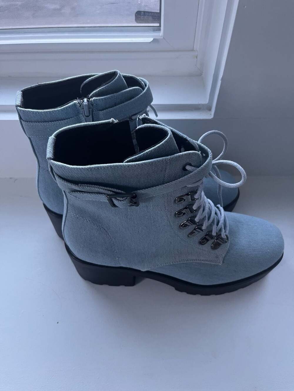 Allegra K Women's Denim Blue Lace-Up Lug Sole Combat Boots Size 9